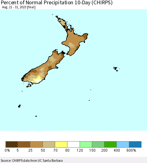 New Zealand Percent of Normal Precipitation 10-Day (CHIRPS) Thematic Map For 8/21/2023 - 8/31/2023