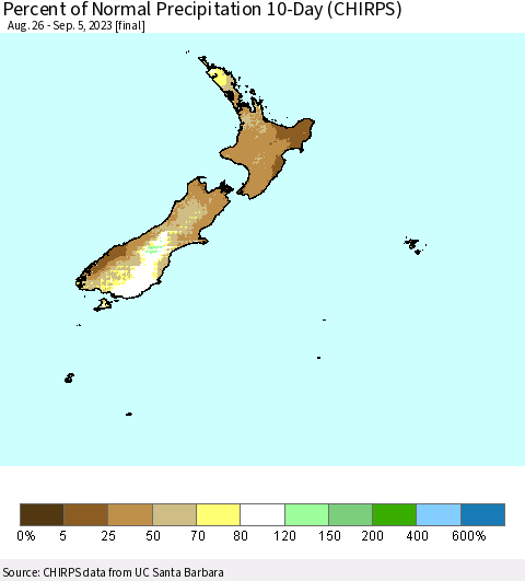 New Zealand Percent of Normal Precipitation 10-Day (CHIRPS) Thematic Map For 8/26/2023 - 9/5/2023
