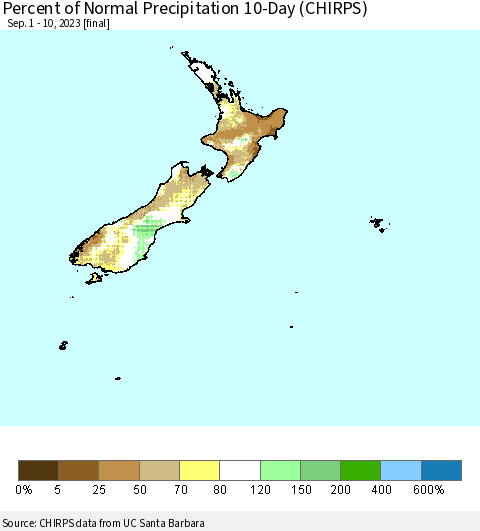New Zealand Percent of Normal Precipitation 10-Day (CHIRPS) Thematic Map For 9/1/2023 - 9/10/2023