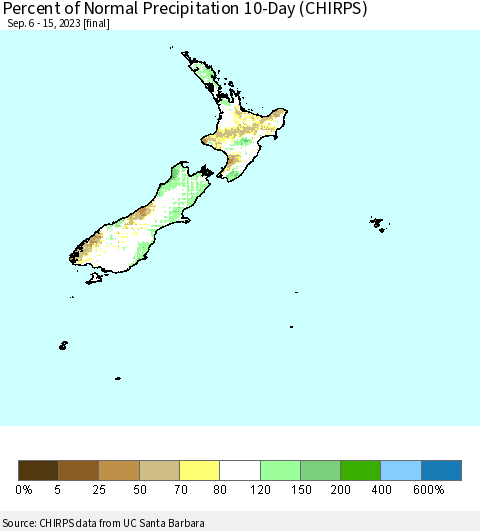 New Zealand Percent of Normal Precipitation 10-Day (CHIRPS) Thematic Map For 9/6/2023 - 9/15/2023