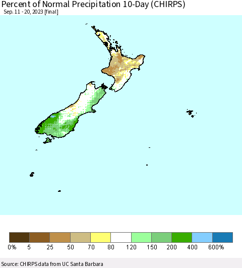 New Zealand Percent of Normal Precipitation 10-Day (CHIRPS) Thematic Map For 9/11/2023 - 9/20/2023