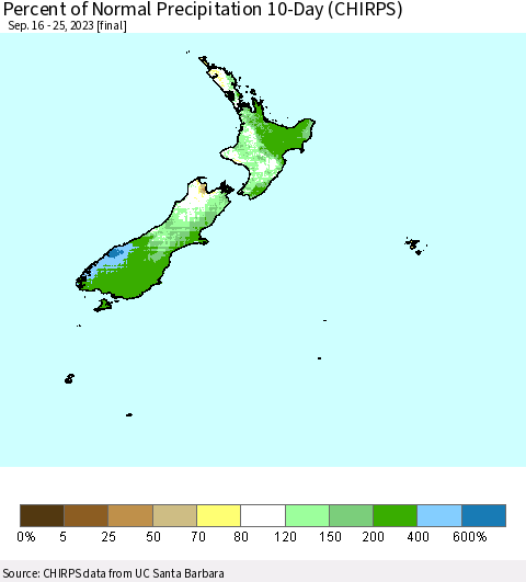 New Zealand Percent of Normal Precipitation 10-Day (CHIRPS) Thematic Map For 9/16/2023 - 9/25/2023