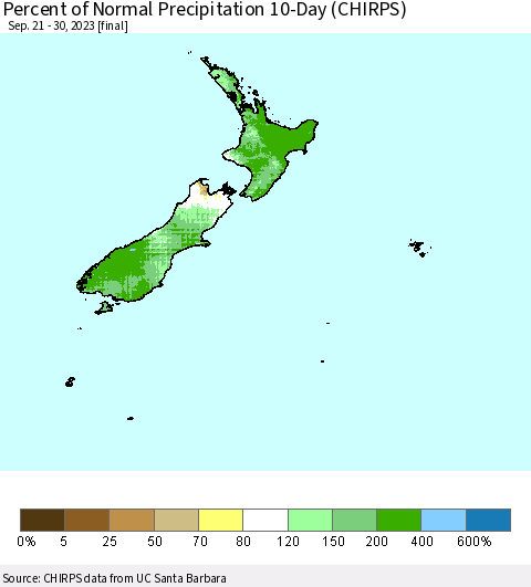 New Zealand Percent of Normal Precipitation 10-Day (CHIRPS) Thematic Map For 9/21/2023 - 9/30/2023