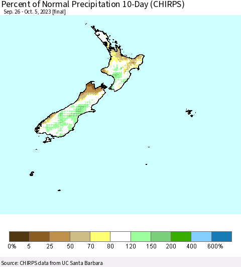 New Zealand Percent of Normal Precipitation 10-Day (CHIRPS) Thematic Map For 9/26/2023 - 10/5/2023