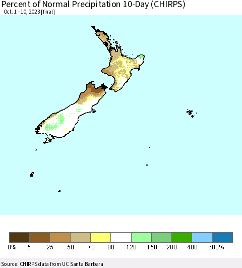 New Zealand Percent of Normal Precipitation 10-Day (CHIRPS) Thematic Map For 10/1/2023 - 10/10/2023