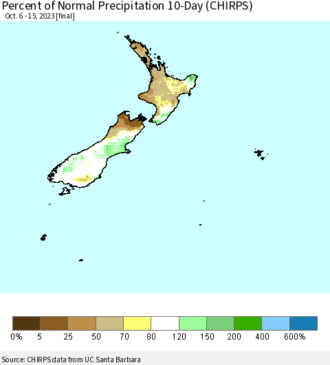 New Zealand Percent of Normal Precipitation 10-Day (CHIRPS) Thematic Map For 10/6/2023 - 10/15/2023