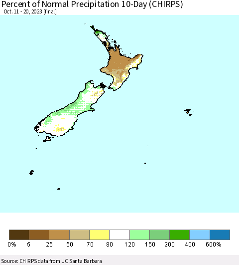 New Zealand Percent of Normal Precipitation 10-Day (CHIRPS) Thematic Map For 10/11/2023 - 10/20/2023