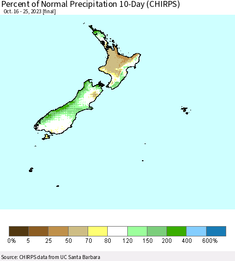 New Zealand Percent of Normal Precipitation 10-Day (CHIRPS) Thematic Map For 10/16/2023 - 10/25/2023