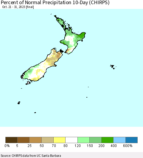 New Zealand Percent of Normal Precipitation 10-Day (CHIRPS) Thematic Map For 10/21/2023 - 10/31/2023