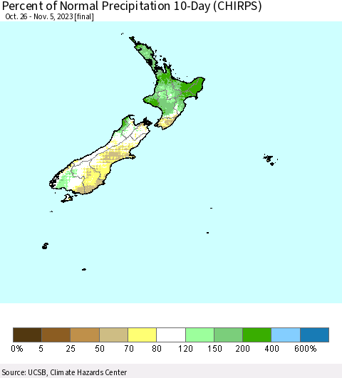 New Zealand Percent of Normal Precipitation 10-Day (CHIRPS) Thematic Map For 10/26/2023 - 11/5/2023