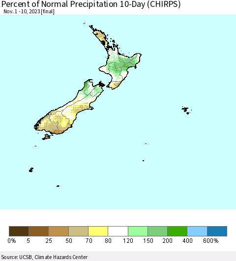 New Zealand Percent of Normal Precipitation 10-Day (CHIRPS) Thematic Map For 11/1/2023 - 11/10/2023
