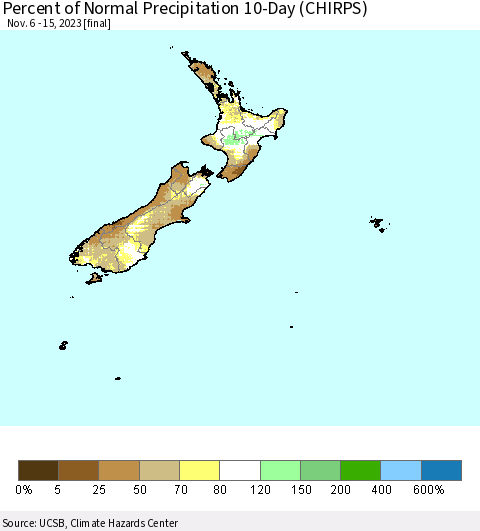 New Zealand Percent of Normal Precipitation 10-Day (CHIRPS) Thematic Map For 11/6/2023 - 11/15/2023