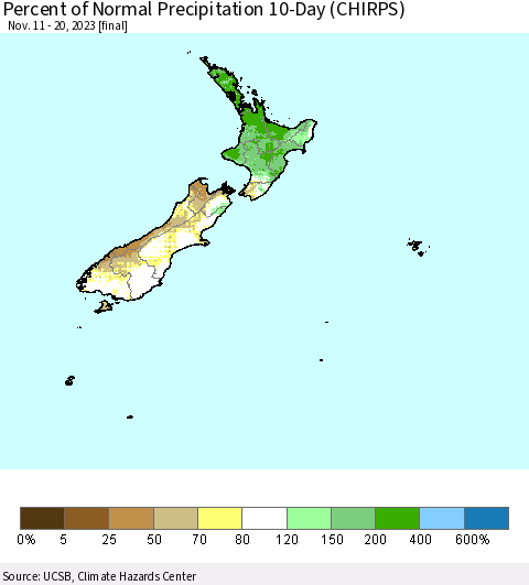 New Zealand Percent of Normal Precipitation 10-Day (CHIRPS) Thematic Map For 11/11/2023 - 11/20/2023