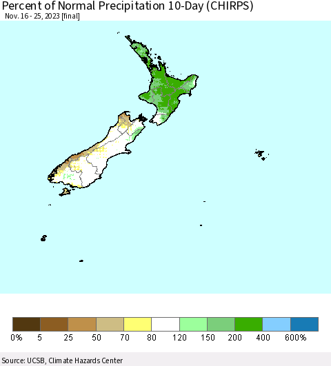 New Zealand Percent of Normal Precipitation 10-Day (CHIRPS) Thematic Map For 11/16/2023 - 11/25/2023