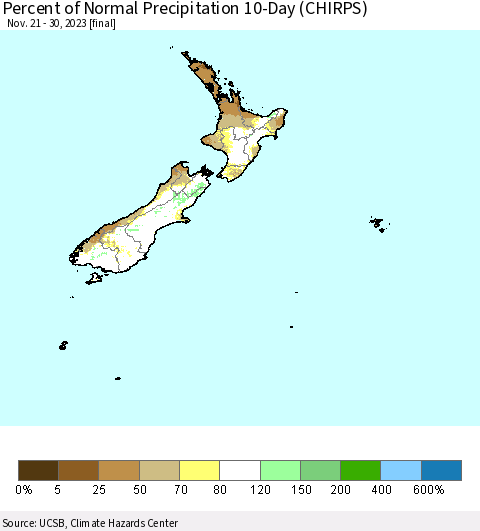 New Zealand Percent of Normal Precipitation 10-Day (CHIRPS) Thematic Map For 11/21/2023 - 11/30/2023
