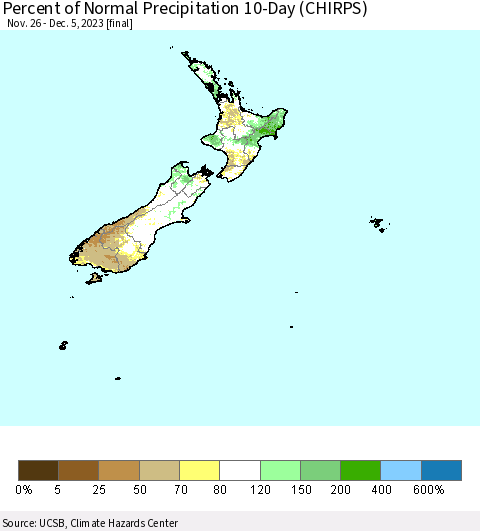 New Zealand Percent of Normal Precipitation 10-Day (CHIRPS) Thematic Map For 11/26/2023 - 12/5/2023