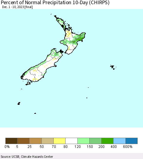 New Zealand Percent of Normal Precipitation 10-Day (CHIRPS) Thematic Map For 12/1/2023 - 12/10/2023