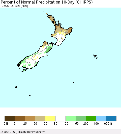 New Zealand Percent of Normal Precipitation 10-Day (CHIRPS) Thematic Map For 12/6/2023 - 12/15/2023