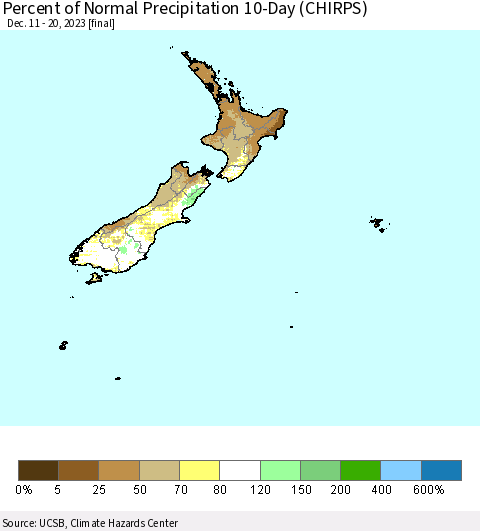 New Zealand Percent of Normal Precipitation 10-Day (CHIRPS) Thematic Map For 12/11/2023 - 12/20/2023