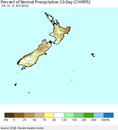 New Zealand Percent of Normal Precipitation 10-Day (CHIRPS) Thematic Map For 12/16/2023 - 12/25/2023