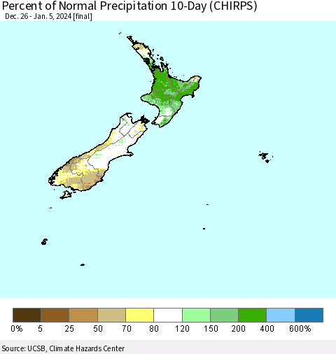 New Zealand Percent of Normal Precipitation 10-Day (CHIRPS) Thematic Map For 12/26/2023 - 1/5/2024