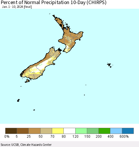 New Zealand Percent of Normal Precipitation 10-Day (CHIRPS) Thematic Map For 1/1/2024 - 1/10/2024
