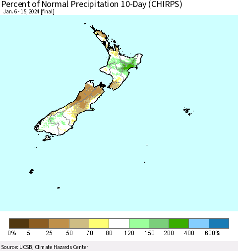 New Zealand Percent of Normal Precipitation 10-Day (CHIRPS) Thematic Map For 1/6/2024 - 1/15/2024