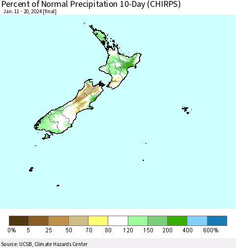 New Zealand Percent of Normal Precipitation 10-Day (CHIRPS) Thematic Map For 1/11/2024 - 1/20/2024