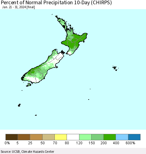New Zealand Percent of Normal Precipitation 10-Day (CHIRPS) Thematic Map For 1/21/2024 - 1/31/2024