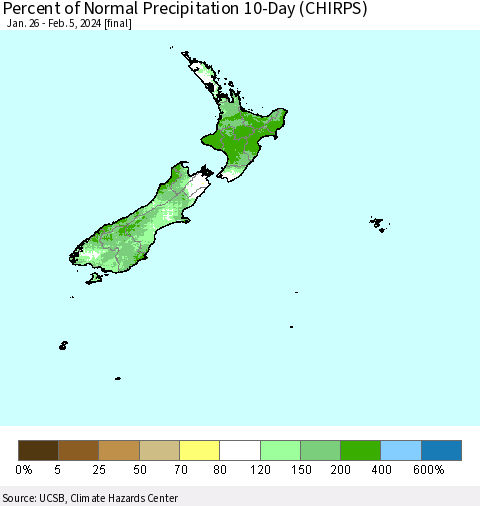 New Zealand Percent of Normal Precipitation 10-Day (CHIRPS) Thematic Map For 1/26/2024 - 2/5/2024