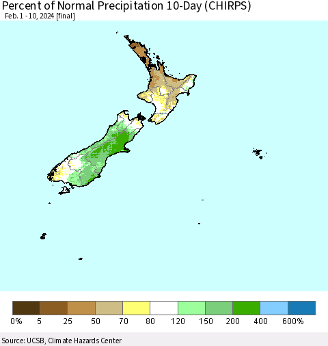 New Zealand Percent of Normal Precipitation 10-Day (CHIRPS) Thematic Map For 2/1/2024 - 2/10/2024