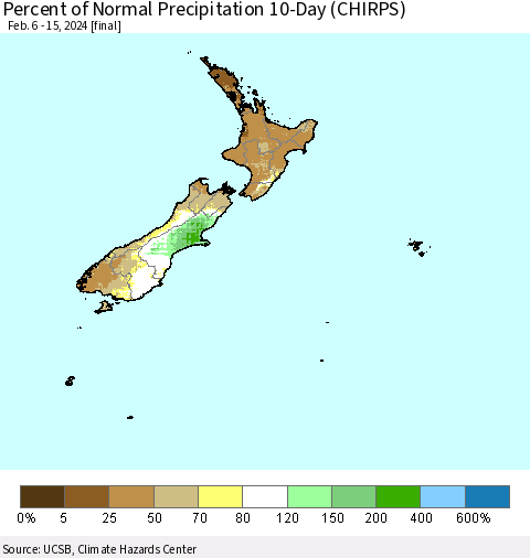 New Zealand Percent of Normal Precipitation 10-Day (CHIRPS) Thematic Map For 2/6/2024 - 2/15/2024