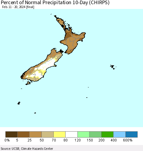 New Zealand Percent of Normal Precipitation 10-Day (CHIRPS) Thematic Map For 2/11/2024 - 2/20/2024