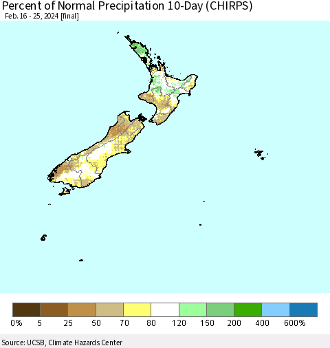 New Zealand Percent of Normal Precipitation 10-Day (CHIRPS) Thematic Map For 2/16/2024 - 2/25/2024