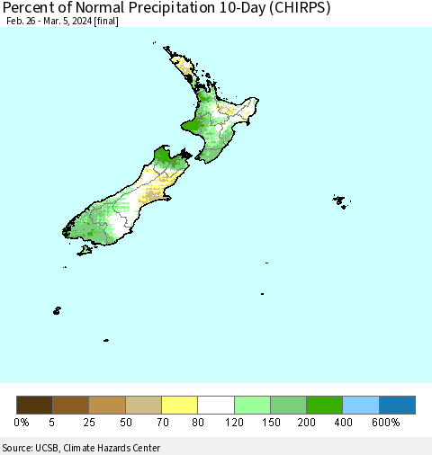 New Zealand Percent of Normal Precipitation 10-Day (CHIRPS) Thematic Map For 2/26/2024 - 3/5/2024