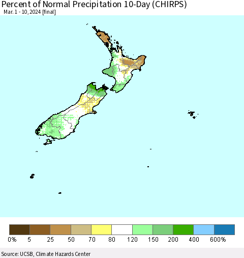 New Zealand Percent of Normal Precipitation 10-Day (CHIRPS) Thematic Map For 3/1/2024 - 3/10/2024