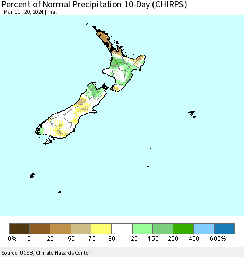 New Zealand Percent of Normal Precipitation 10-Day (CHIRPS) Thematic Map For 3/11/2024 - 3/20/2024