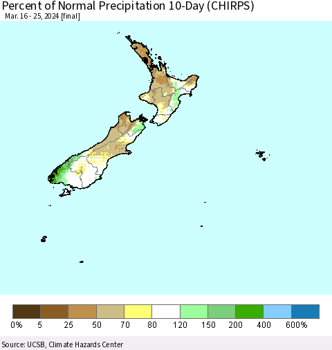New Zealand Percent of Normal Precipitation 10-Day (CHIRPS) Thematic Map For 3/16/2024 - 3/25/2024
