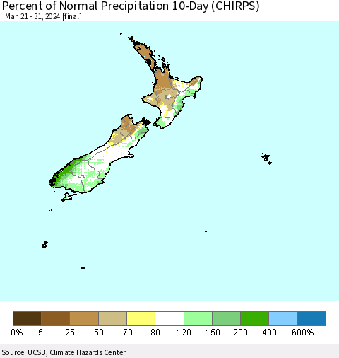 New Zealand Percent of Normal Precipitation 10-Day (CHIRPS) Thematic Map For 3/21/2024 - 3/31/2024