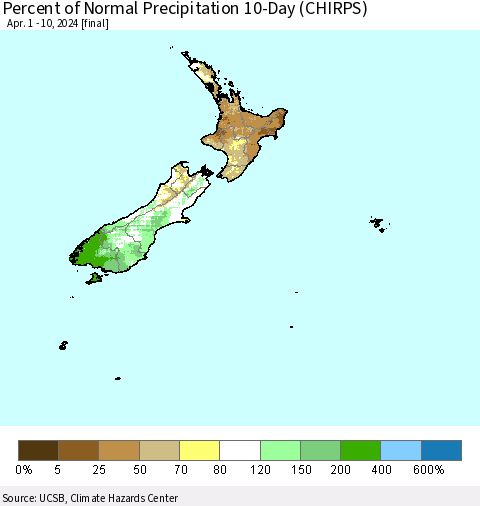 New Zealand Percent of Normal Precipitation 10-Day (CHIRPS) Thematic Map For 4/1/2024 - 4/10/2024
