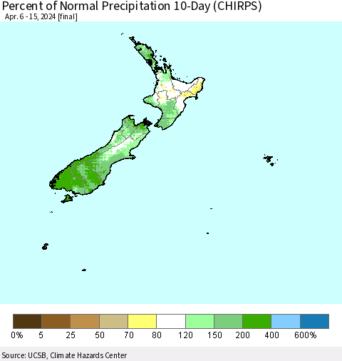 New Zealand Percent of Normal Precipitation 10-Day (CHIRPS) Thematic Map For 4/6/2024 - 4/15/2024