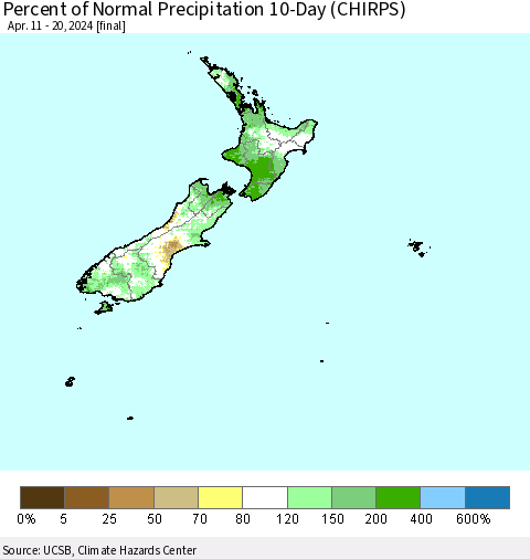 New Zealand Percent of Normal Precipitation 10-Day (CHIRPS) Thematic Map For 4/11/2024 - 4/20/2024