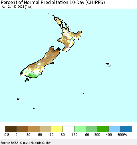 New Zealand Percent of Normal Precipitation 10-Day (CHIRPS) Thematic Map For 4/21/2024 - 4/30/2024