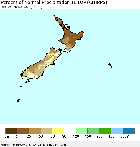 New Zealand Percent of Normal Precipitation 10-Day (CHIRPS) Thematic Map For 4/26/2024 - 5/5/2024