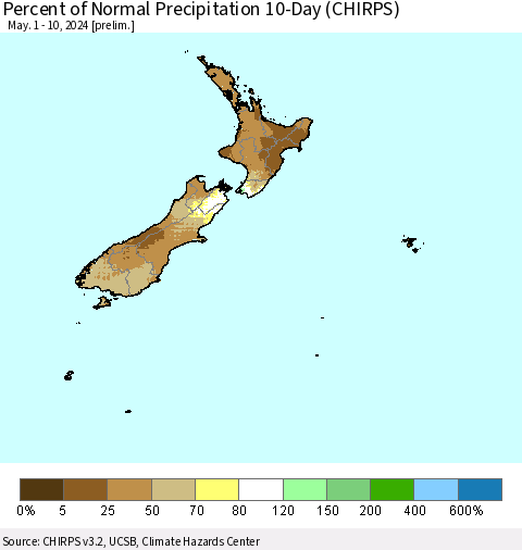 New Zealand Percent of Normal Precipitation 10-Day (CHIRPS) Thematic Map For 5/1/2024 - 5/10/2024