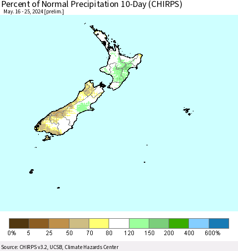 New Zealand Percent of Normal Precipitation 10-Day (CHIRPS) Thematic Map For 5/16/2024 - 5/25/2024