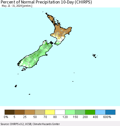 New Zealand Percent of Normal Precipitation 10-Day (CHIRPS) Thematic Map For 5/21/2024 - 5/31/2024