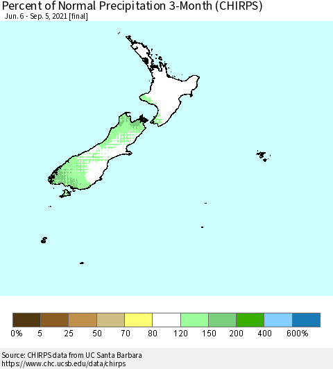 New Zealand Percent of Normal Precipitation 3-Month (CHIRPS) Thematic Map For 6/6/2021 - 9/5/2021