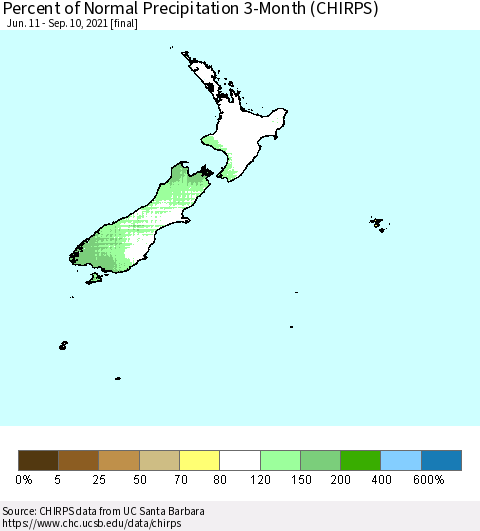 New Zealand Percent of Normal Precipitation 3-Month (CHIRPS) Thematic Map For 6/11/2021 - 9/10/2021