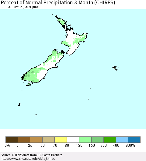 New Zealand Percent of Normal Precipitation 3-Month (CHIRPS) Thematic Map For 7/26/2021 - 10/25/2021